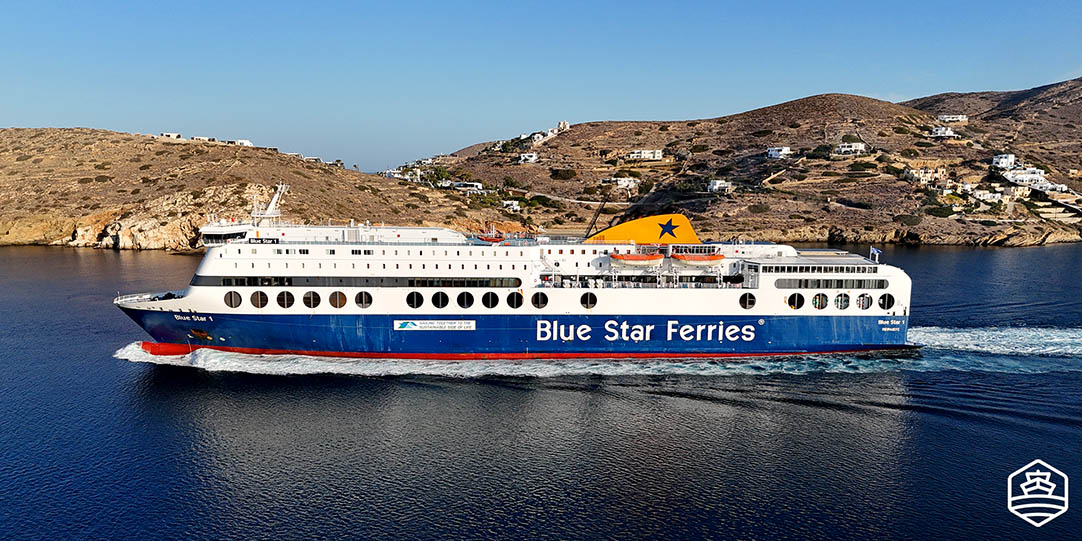 The vessel Blue Star 1 leaving the port of Ios