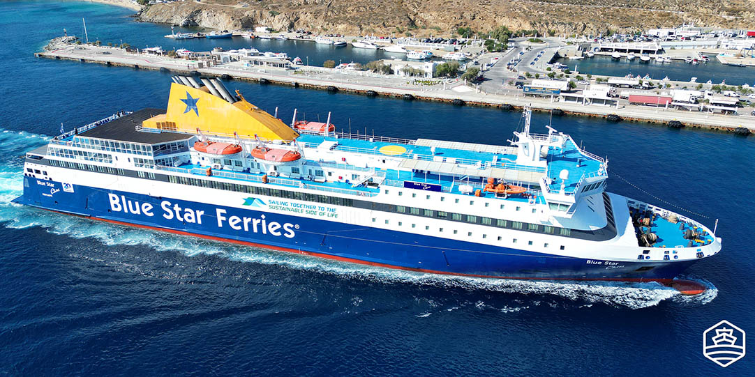 The vessel Blue Star Chios arriving at the port of Tourlos in Mykonos
