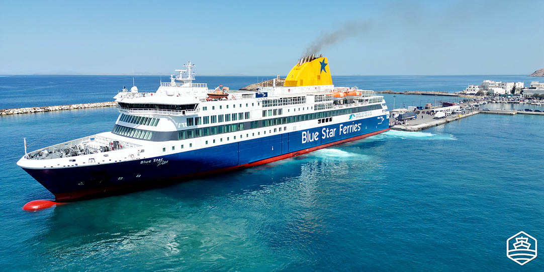 The vessel Blue Star Delos at the port of Naxos