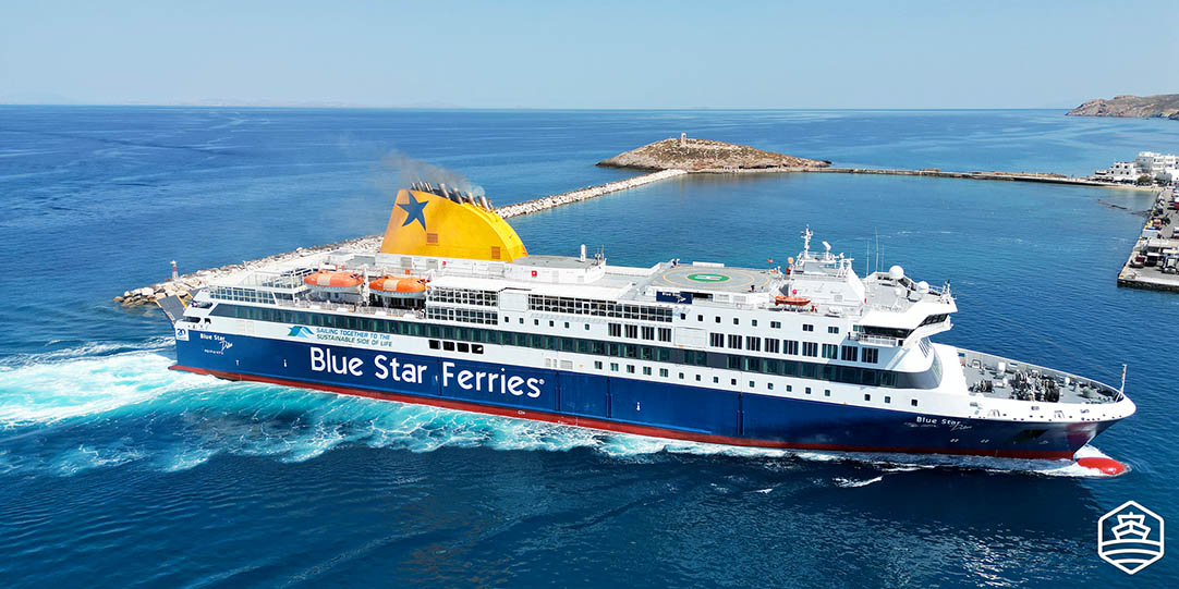 The vessel Blue Star Delos arriving at the port of Naxos