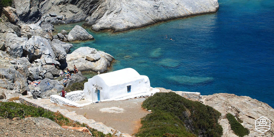 The chapel and rocky beach of Agia Anna in Amorgos