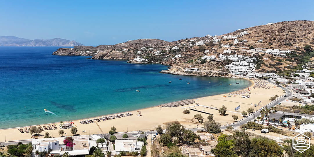 The sandy Mylopotas Beach
