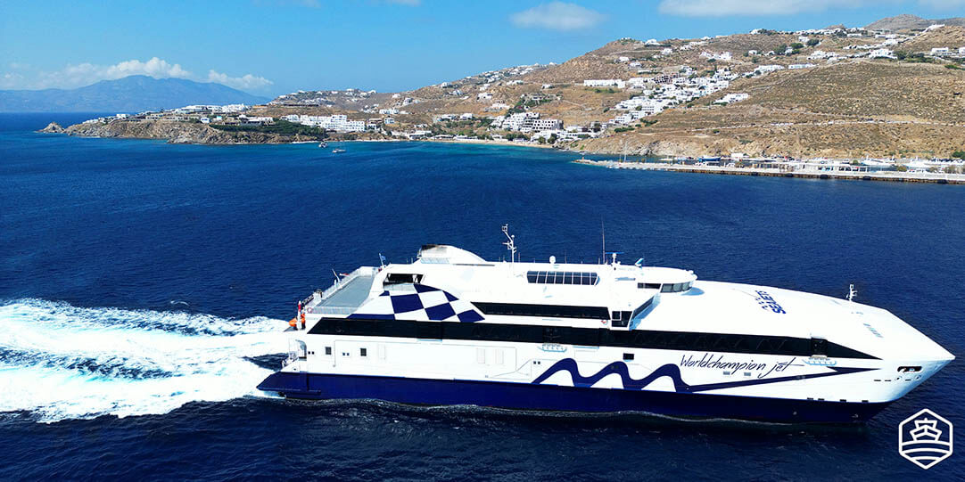 World Champion Jet High-Speed Ferry by Seajet, arriving in Mykonos from Athens