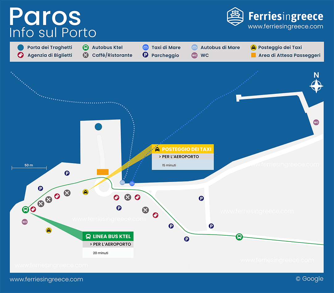Mappa illustrata del porto di Parikia a Paros
