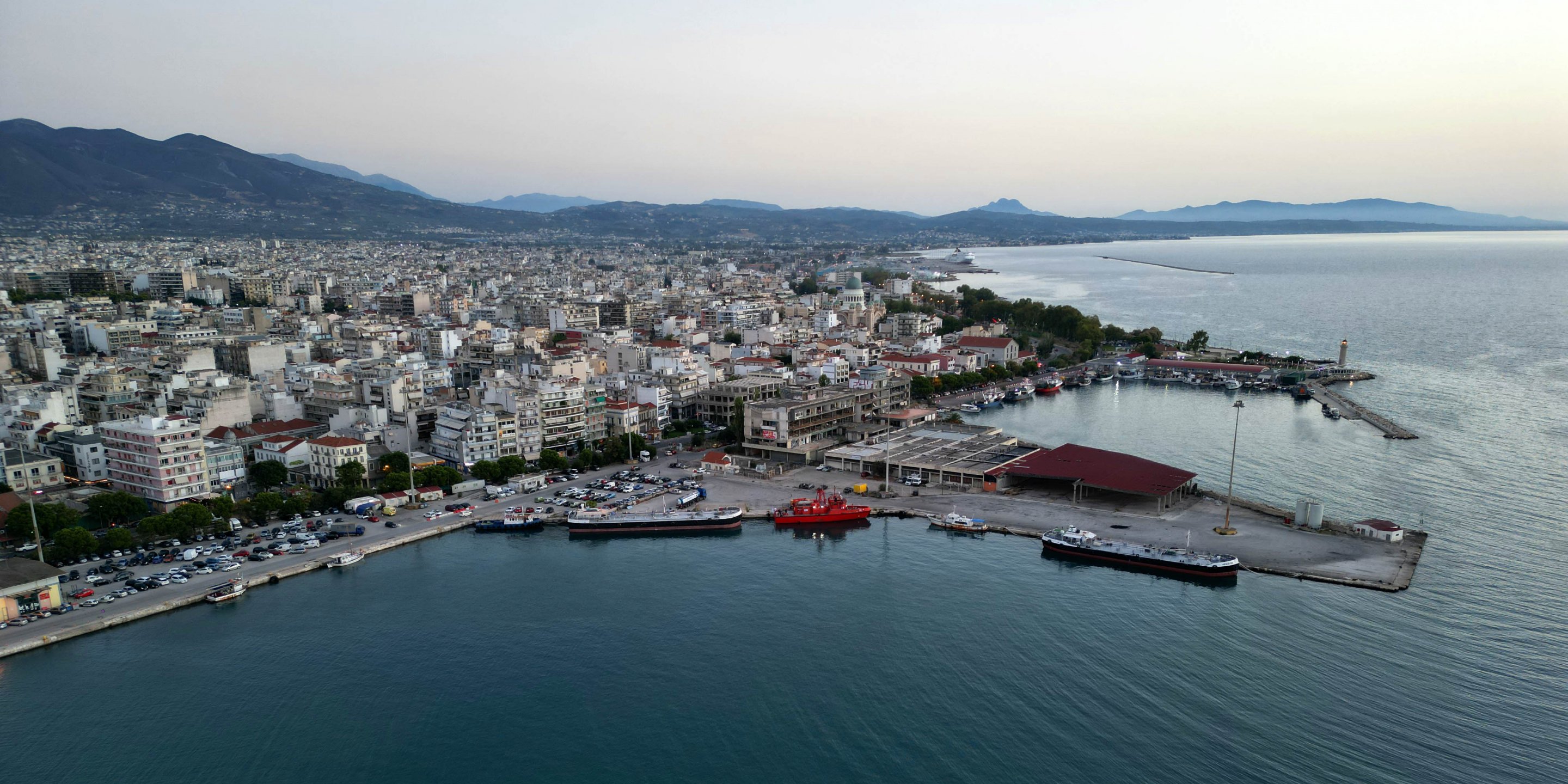 Aerial view of the old port of Patras and the city in the background