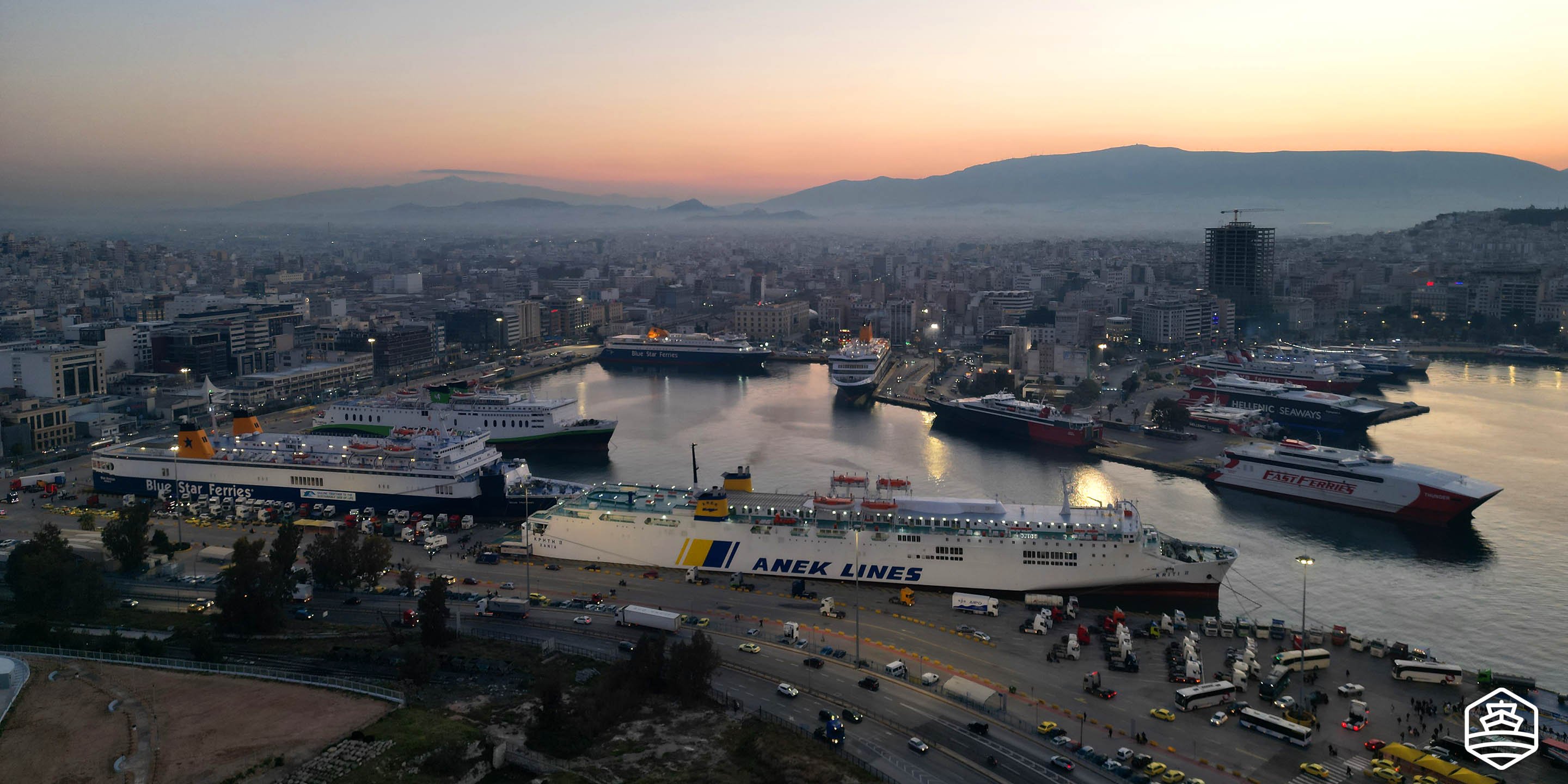 Aerial afternoon view of the port of Piraeus
