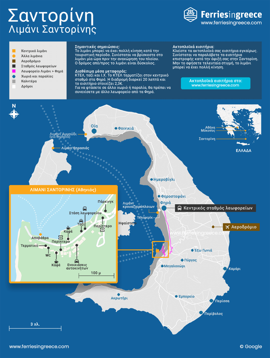 Illustrated map of Athinios port in Santorini