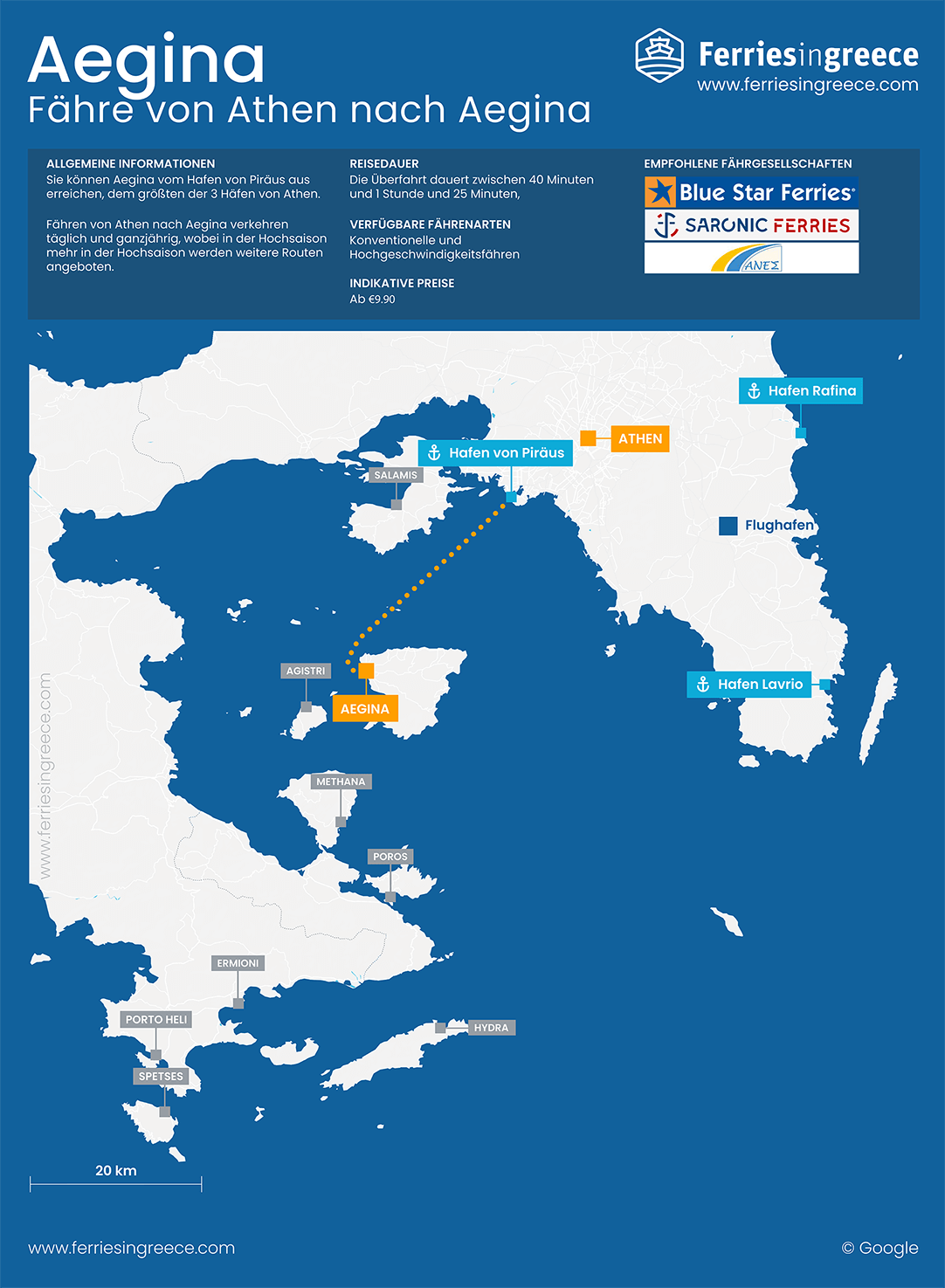 Karte der Fährstrecke von Athen Piräus nach Aegina