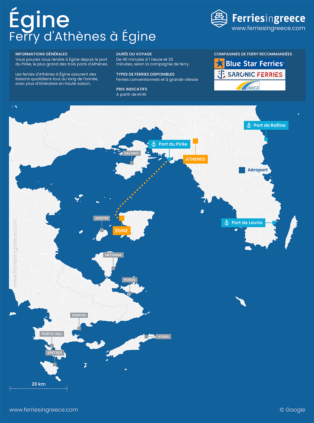 Carte de l'itinéraire du ferry d'Athènes Le Pirée à Égine