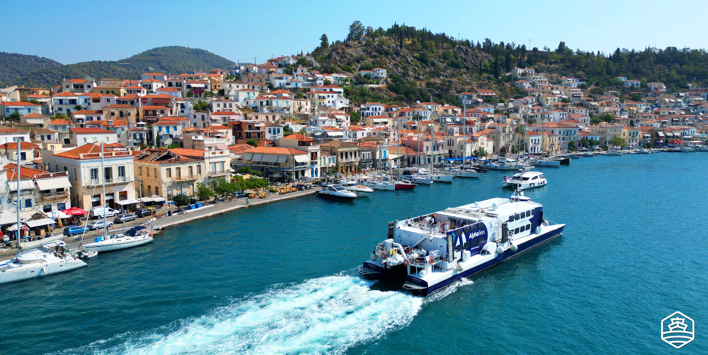 The high-speed ferry Speed Cat 1 by Alpha Lines arriving in the port of Poros
