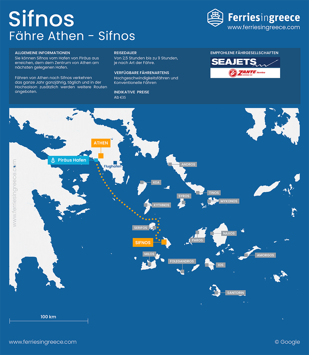 Karte der Fährstrecke von Athen nach Sifnos