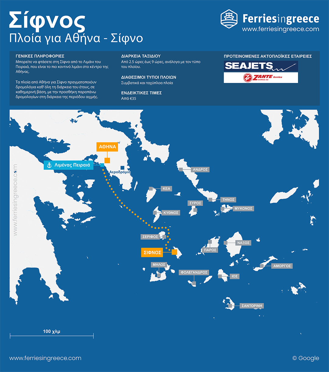 Χάρτης του ακτοπλοϊκού δρομολογίου από Αθήνα προς Σίφνο
