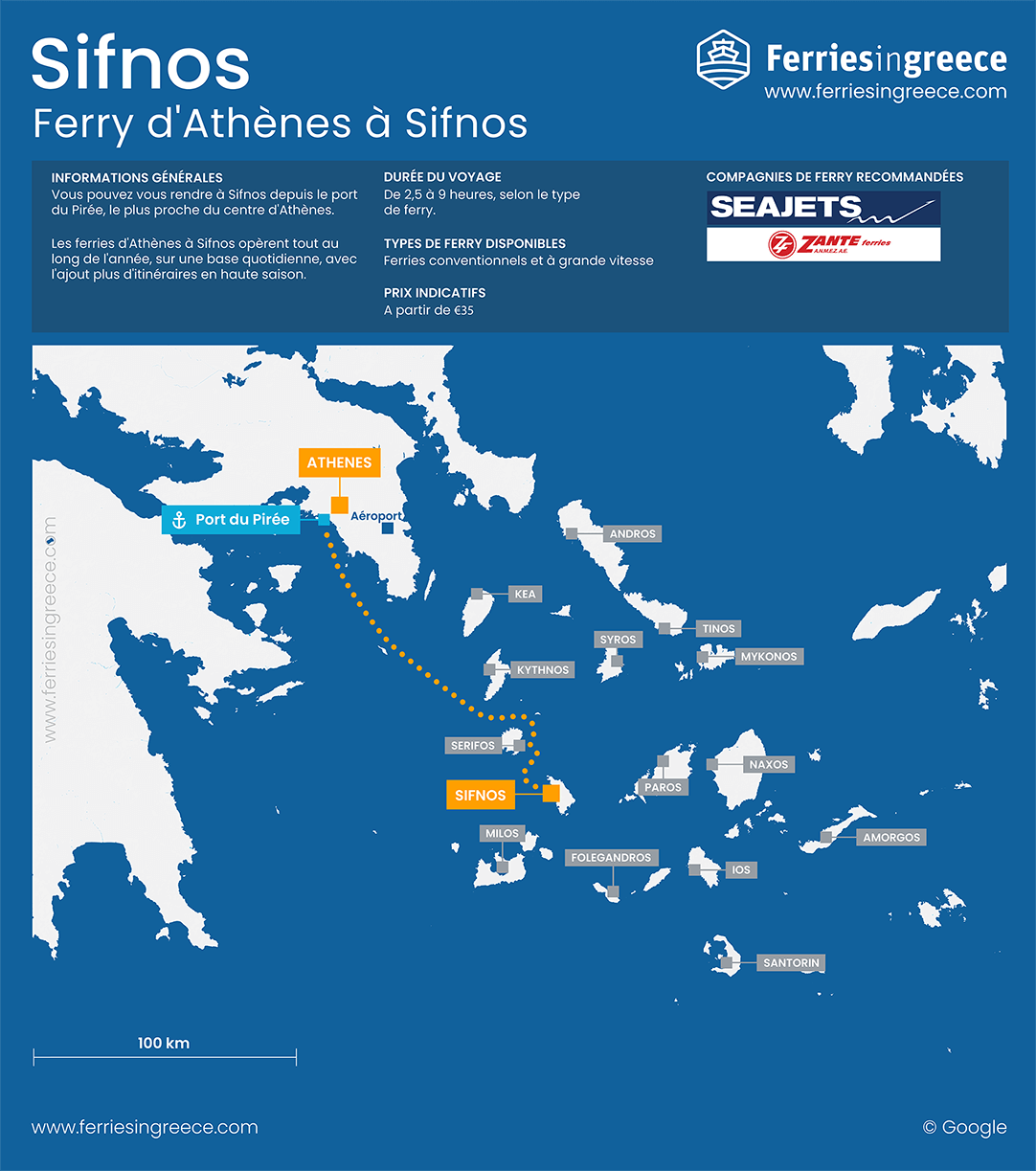 Carte de l'itinéraire du ferry d'Athènes à Sifnos