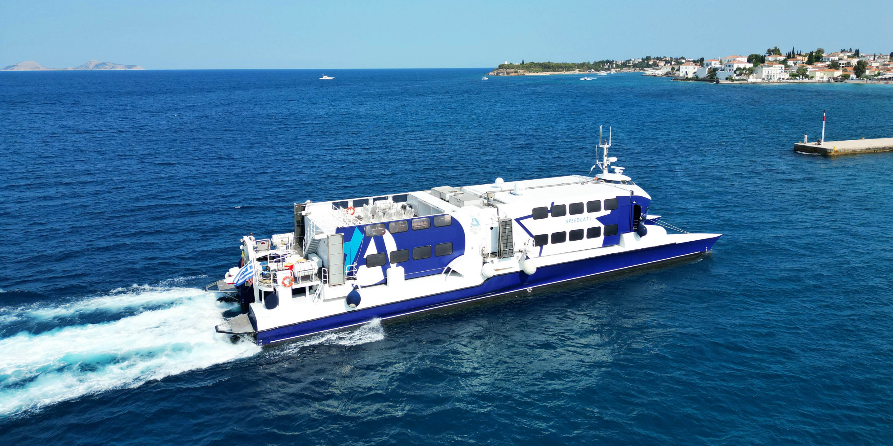 The high-speed ferry Speed Cat of Alpha Lines arriving in the town of Spetses island