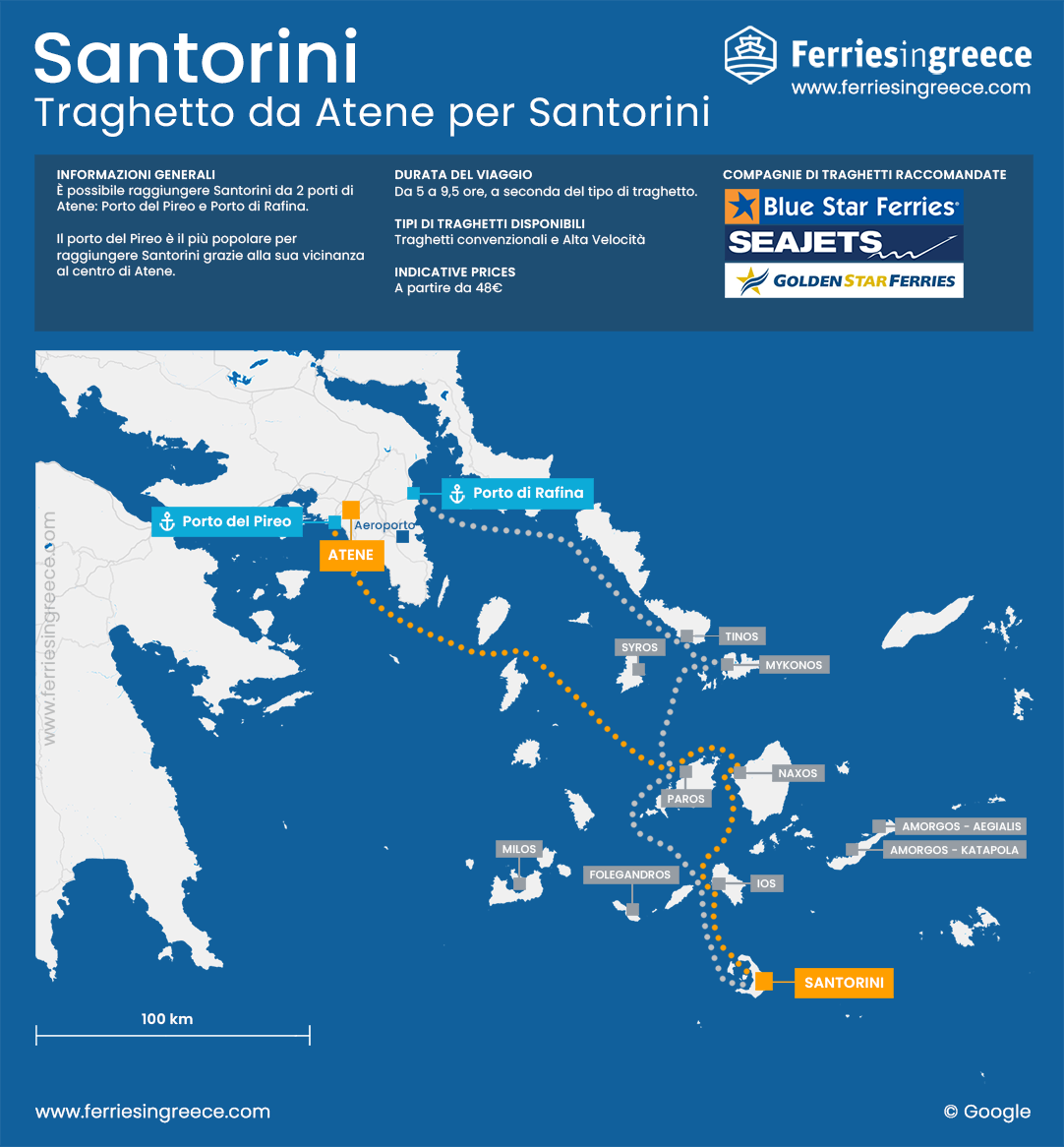Mappa della rotta in traghetto da Atene a Santorini