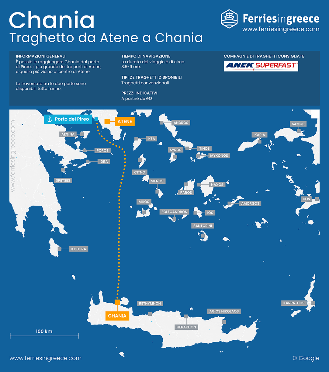 Mappa della rotta da Atene a Chania