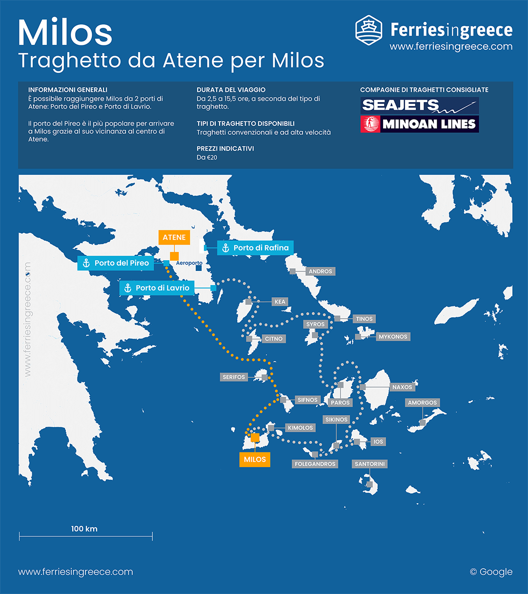 Mappa del percorso in traghetto da Athens a Milos