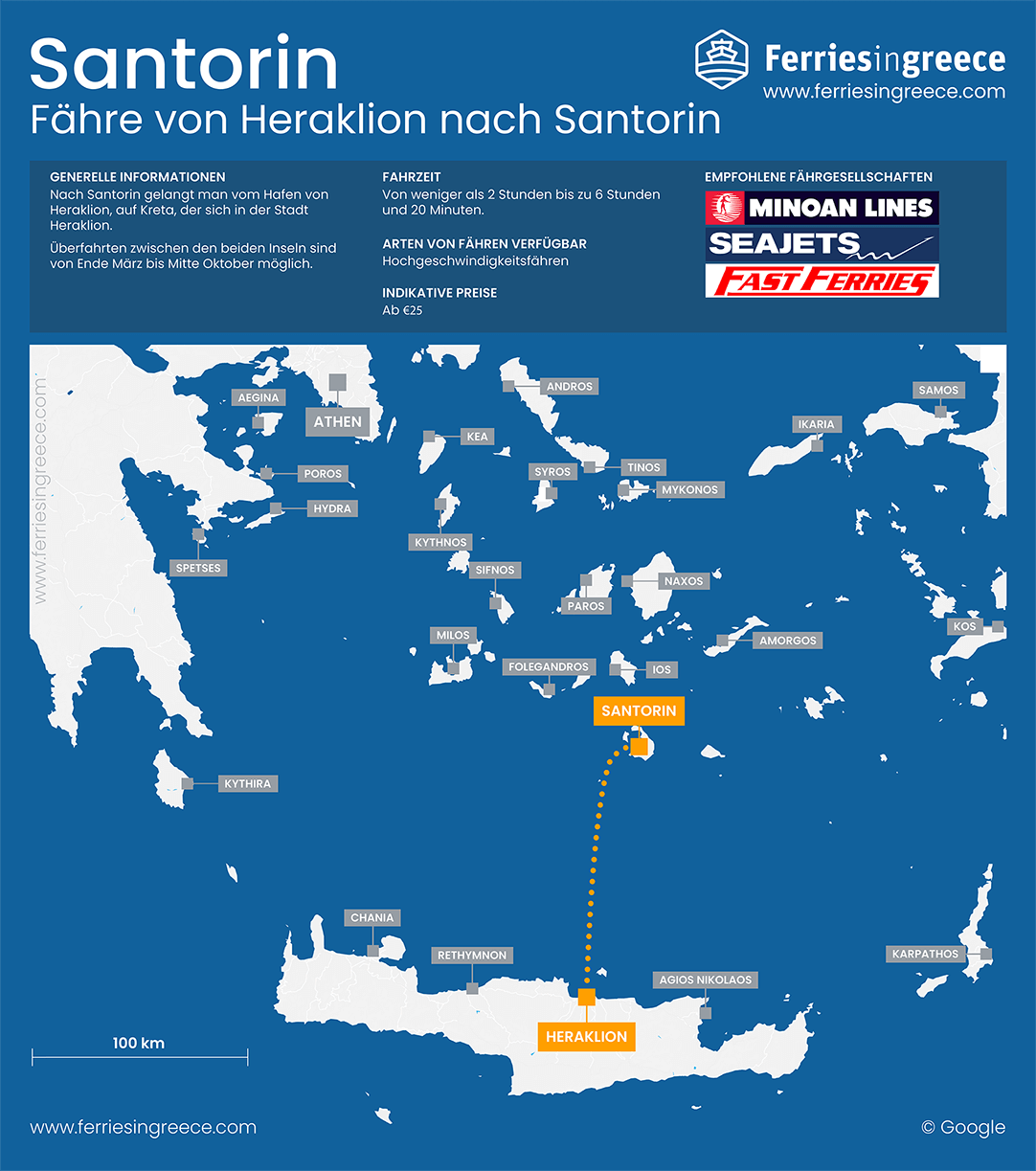 Karte der Fährstrecke von Heraklion Kreta nach Santorin