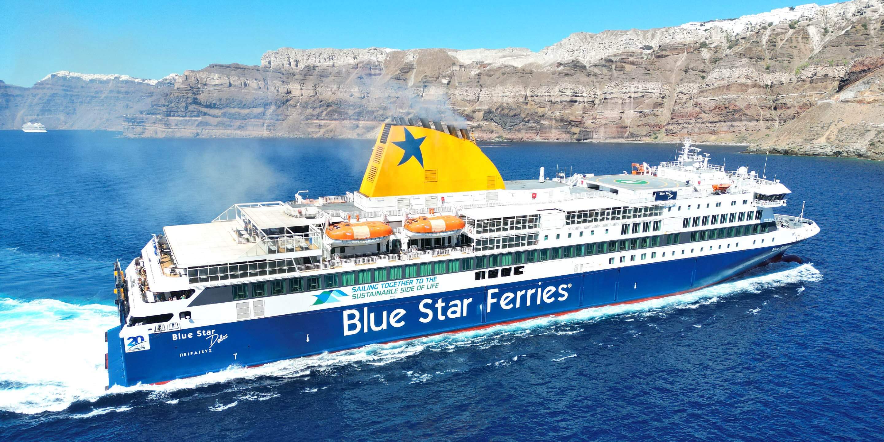 The ferry Blue Star Delos arriving in the port of Santorini