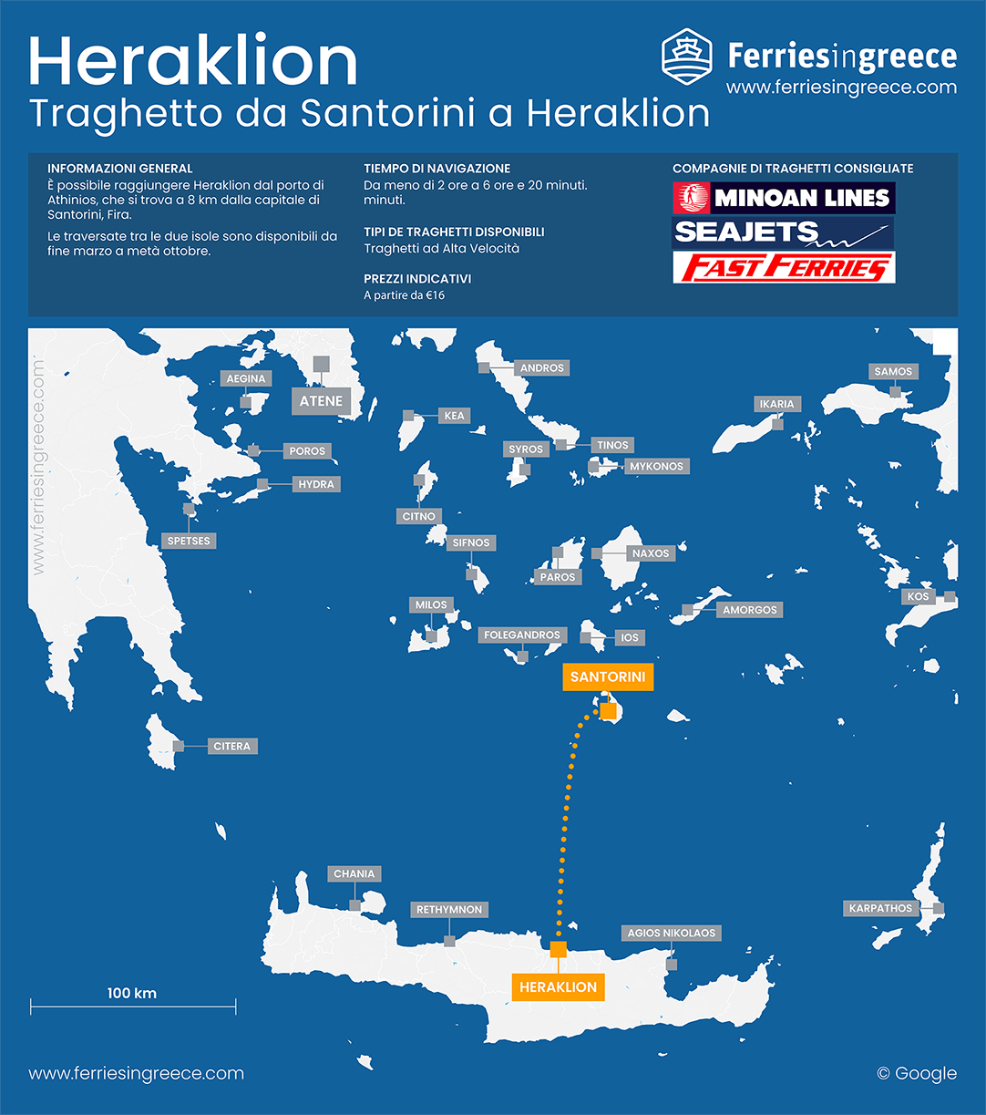 Mappa della rotta da Santorini a Creta Heraklio