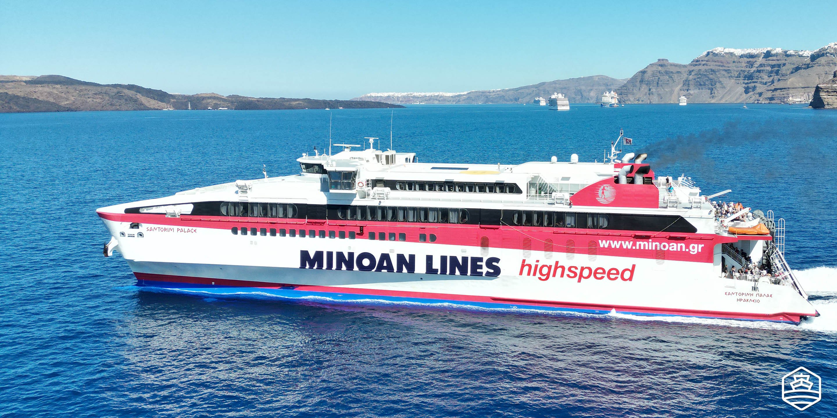 The high-speed ferry Santorini Palace of Minoan Lines leaving the port of Athinios in Santorini for Heraklion in Crete
