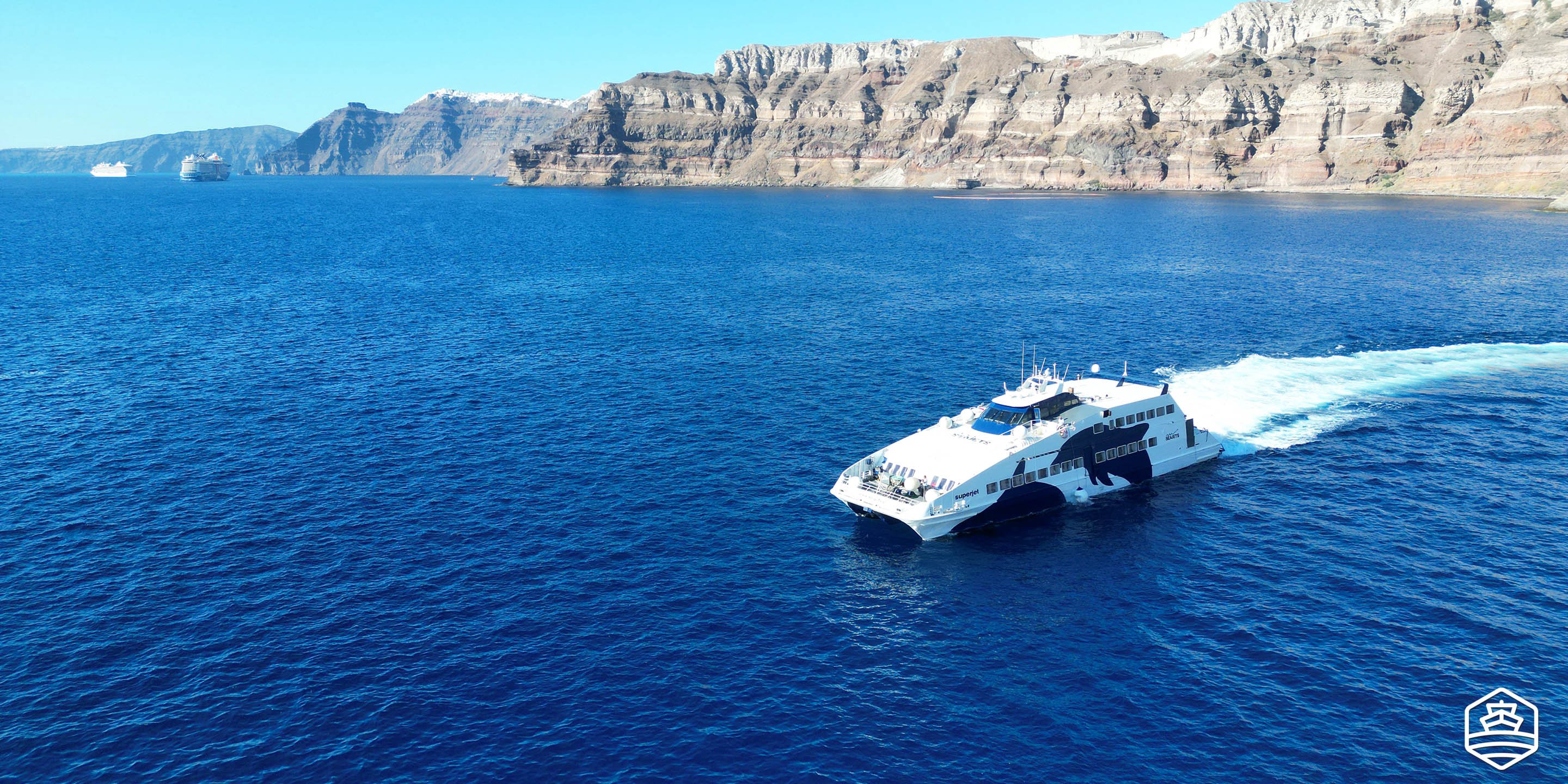 The high-speed ferry Super Jet of Seajets leaving the port of Athinios in Santorini for Naxos