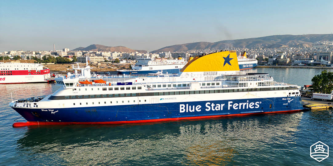 The vessel Blue Star Myconos docking at the port of Piraeus, near Athens