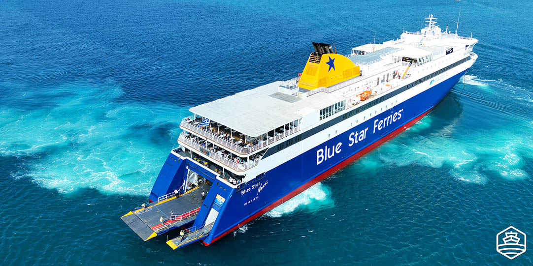 The vessel Blue Star Naxos docking at the port of Paros