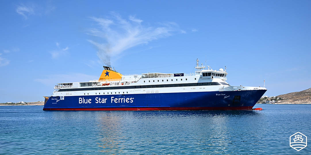 The vessel Blue Star Naxos arriving at the port of Paros