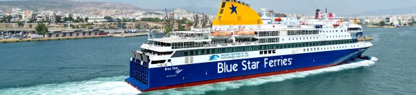 The conventional ferry Blue Star Patmos arriving at the port of Piraeus