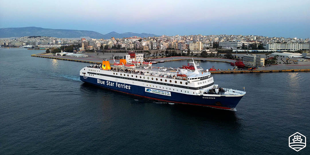 The vessel Blue Star Diagoras leaving the port of Piraeus, near Athens