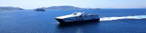 The high-speed ferry Power Jet of Seajets arriving in the port of Mykonos